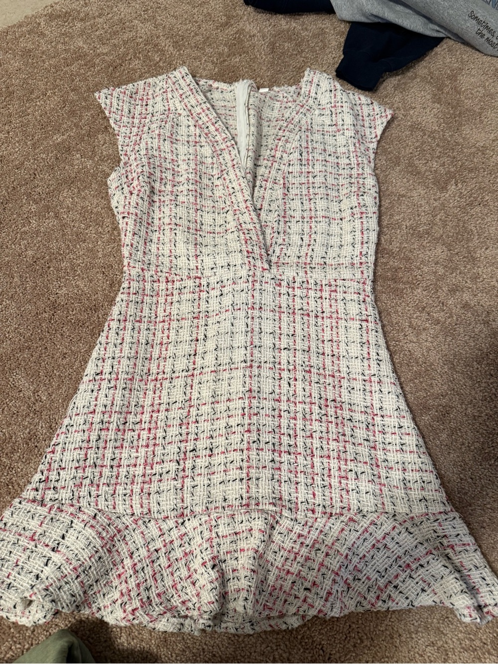 SHEIN Cream Tweed Mini Dress with Pink & Black Thread